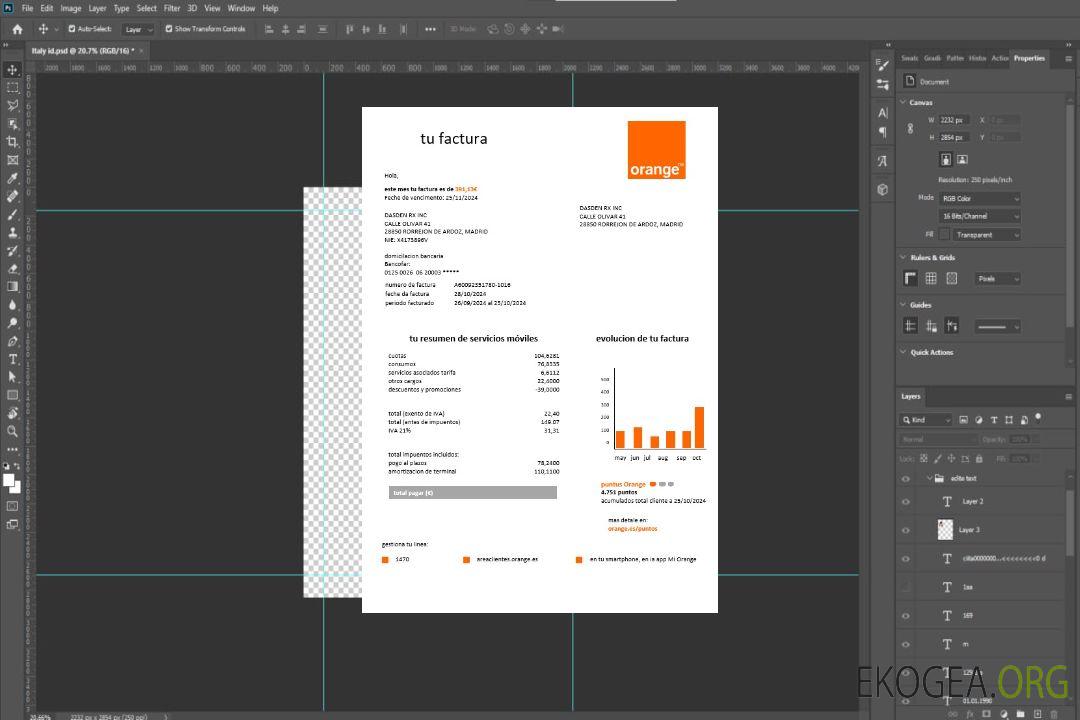 Modèle de facture de services publics d'entreprise facile à remplir pour l'Espagne Orange aux formats Word et PDF template